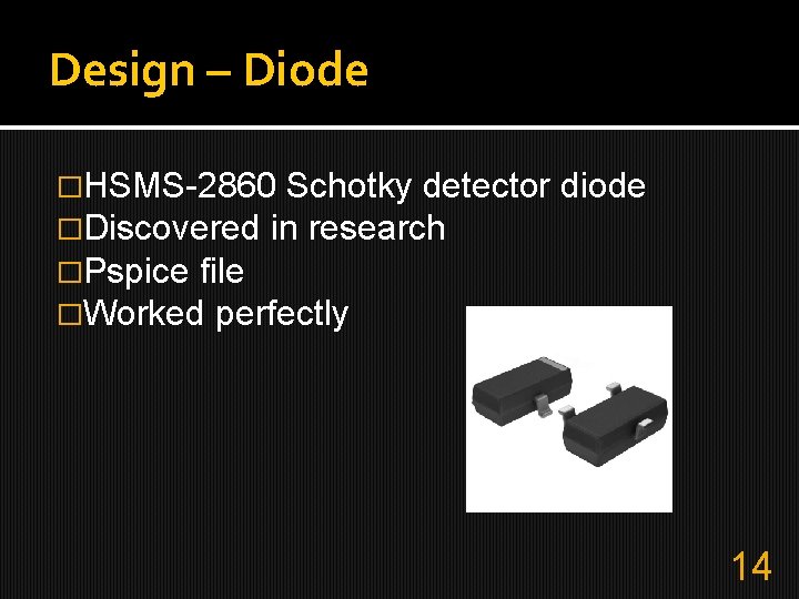 Design – Diode �HSMS-2860 Schotky detector �Discovered in research �Pspice file �Worked perfectly diode