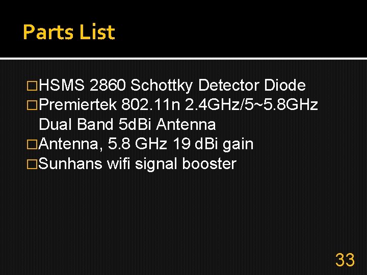 Parts List �HSMS 2860 Schottky Detector Diode �Premiertek 802. 11 n 2. 4 GHz/5~5.