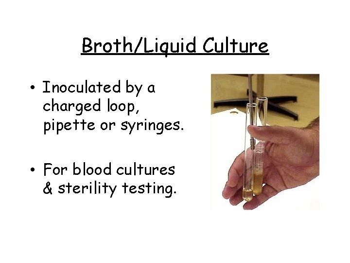 Broth/Liquid Culture • Inoculated by a charged loop, pipette or syringes. • For blood