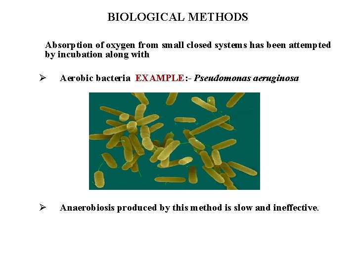 BIOLOGICAL METHODS Absorption of oxygen from small closed systems has been attempted by incubation