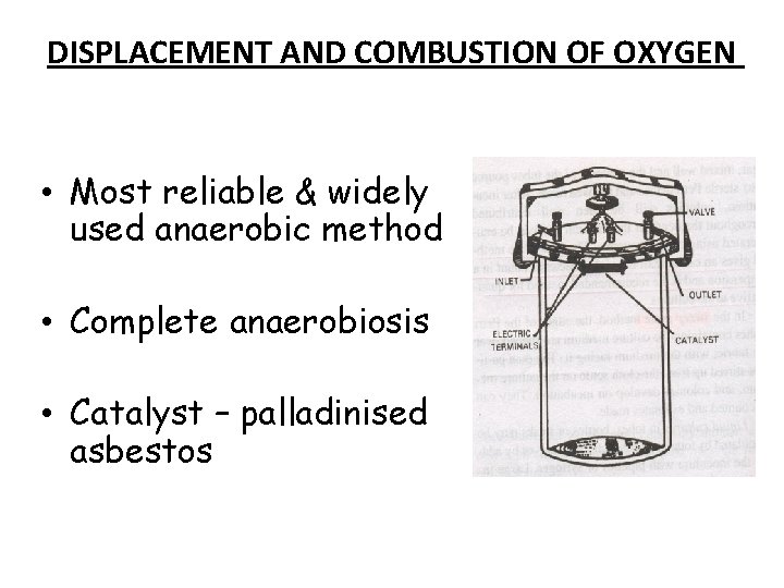 DISPLACEMENT AND COMBUSTION OF OXYGEN • Most reliable & widely used anaerobic method •