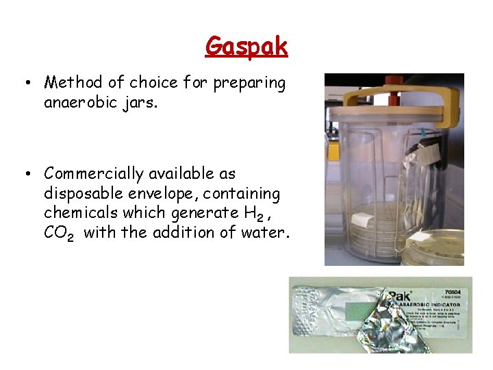 Gaspak • Method of choice for preparing anaerobic jars. • Commercially available as disposable