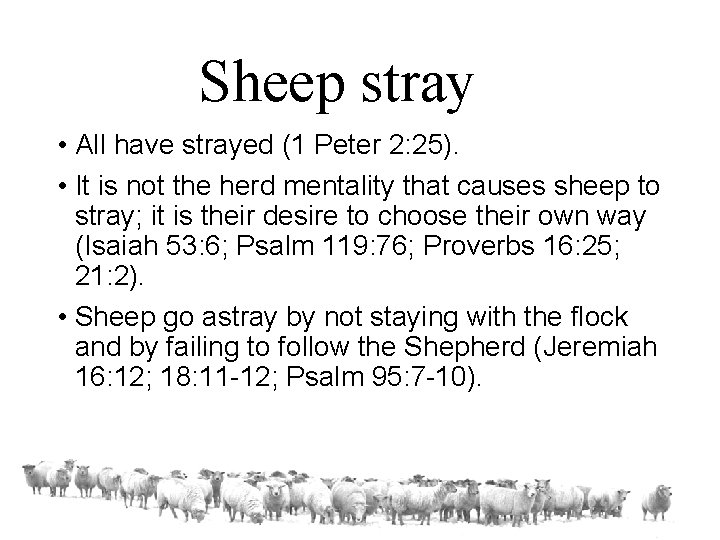 Sheep stray • All have strayed (1 Peter 2: 25). • It is not