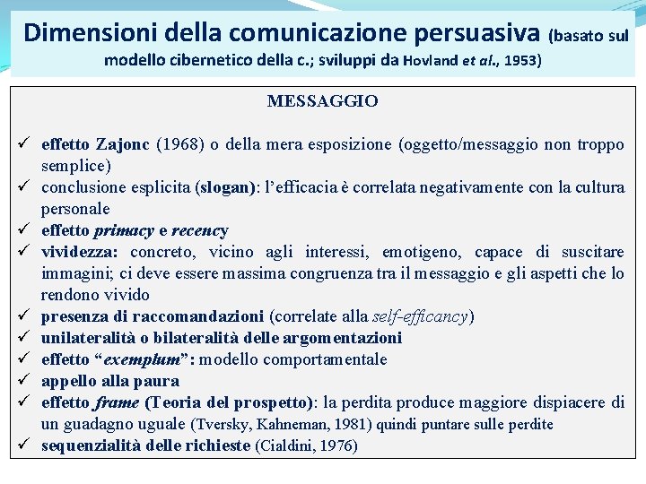  Dimensioni della comunicazione persuasiva (basato sul modello cibernetico della c. ; sviluppi da