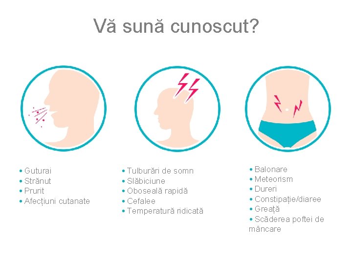 Vă sună cunoscut? • Guturai • Strănut • Prurit • Afecțiuni cutanate • Tulburări