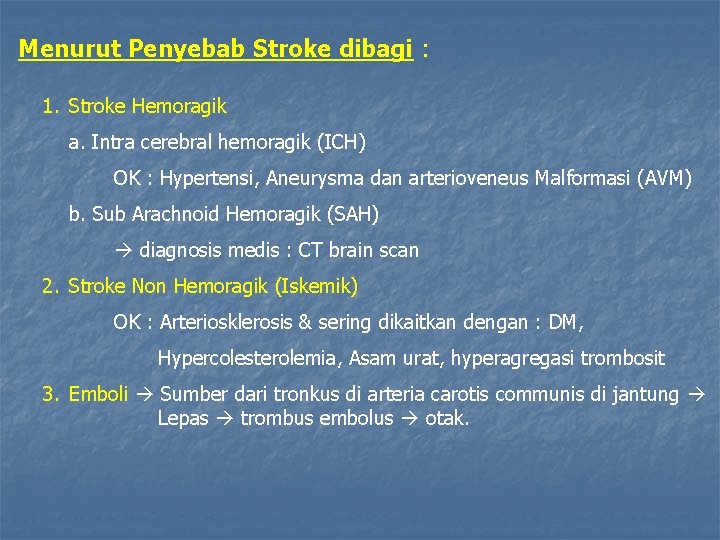 Menurut Penyebab Stroke dibagi : 1. Stroke Hemoragik a. Intra cerebral hemoragik (ICH) OK