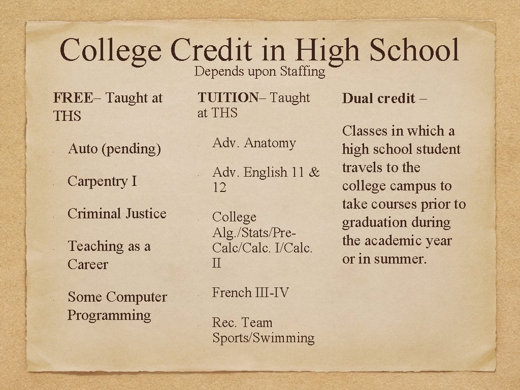 College Credit in High School Depends upon Staffing FREE– Taught at THS • •
