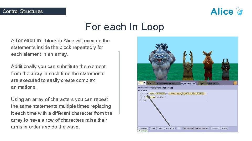 Control Structures For each In Loop A for each in_ block in Alice will