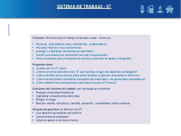 SISTEMA DE TRABAJO - ST Concepto: forma en que el trabajo es llevado a