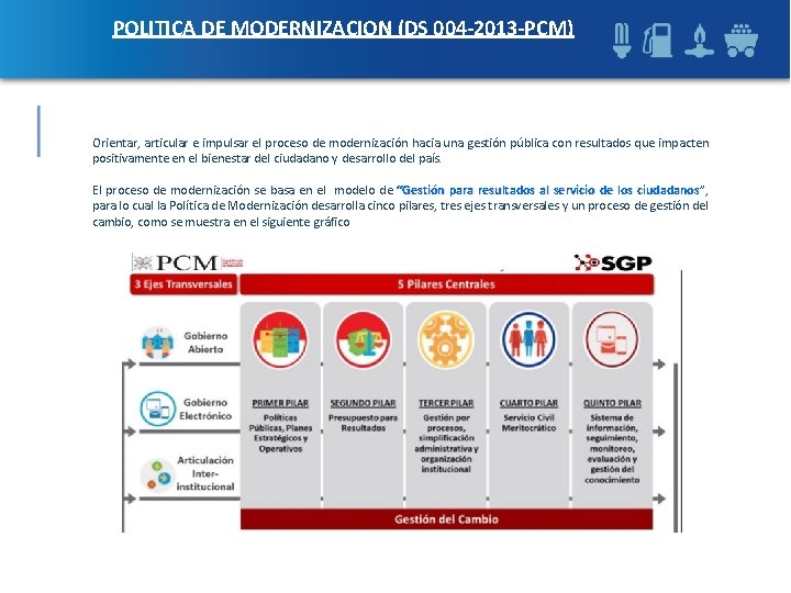 POLITICA DE MODERNIZACION (DS 004 -2013 -PCM) Orientar, articular e impulsar el proceso de