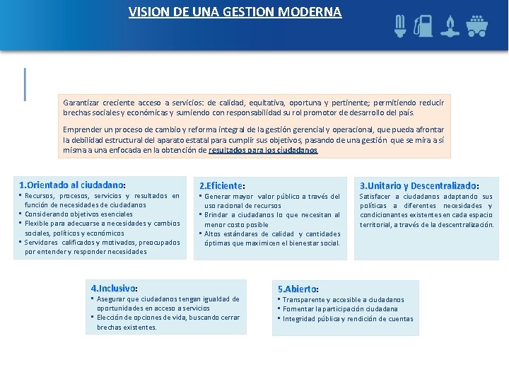 VISION DE UNA GESTION MODERNA Garantizar creciente acceso a servicios: de calidad, equitativa, oportuna