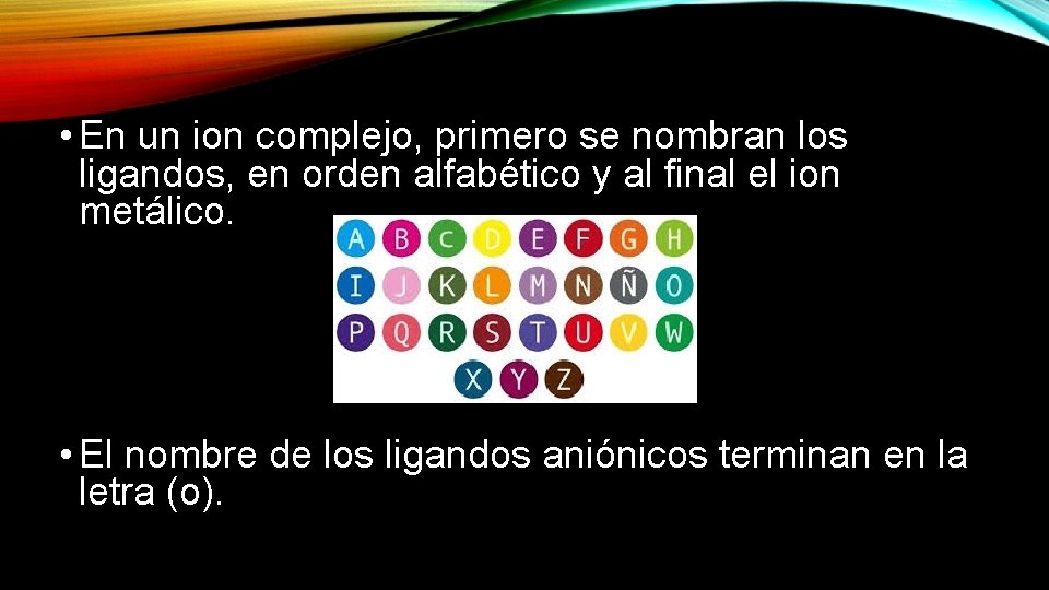  • En un ion complejo, primero se nombran los ligandos, en orden alfabético