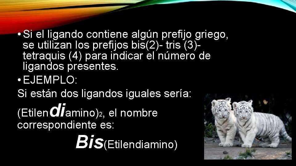  • Si el ligando contiene algún prefijo griego, se utilizan los prefijos bis(2)-