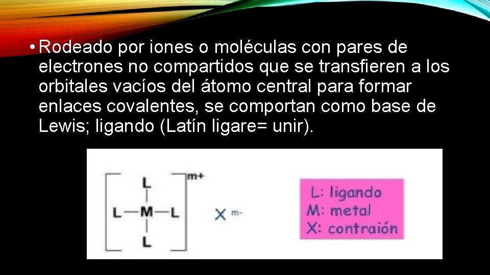  • Rodeado por iones o moléculas con pares de electrones no compartidos que