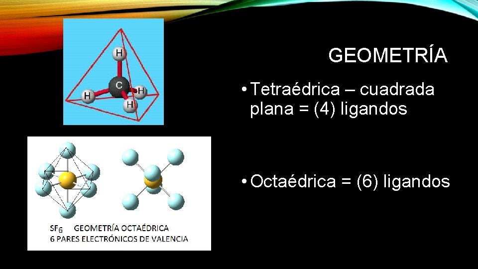 GEOMETRÍA • Tetraédrica – cuadrada plana = (4) ligandos • Octaédrica = (6) ligandos
