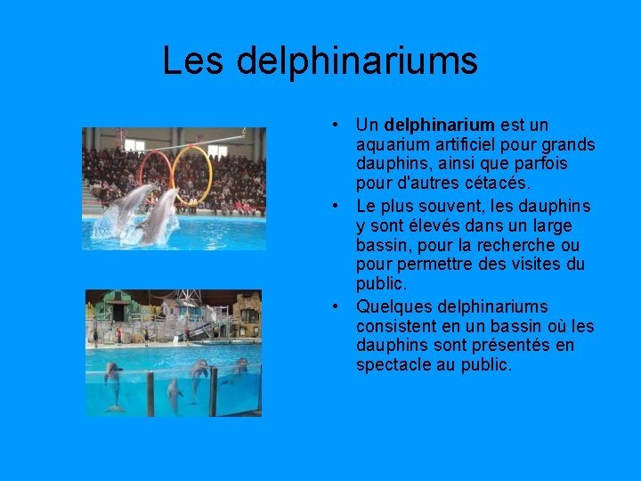Les delphinariums • Un delphinarium est un aquarium artificiel pour grands dauphins, ainsi que Les delphinariums • Un delphinarium est un aquarium artificiel pour grands dauphins, ainsi que