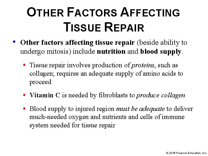 OTHER FACTORS AFFECTING TISSUE REPAIR • Other factors affecting tissue repair (beside ability to