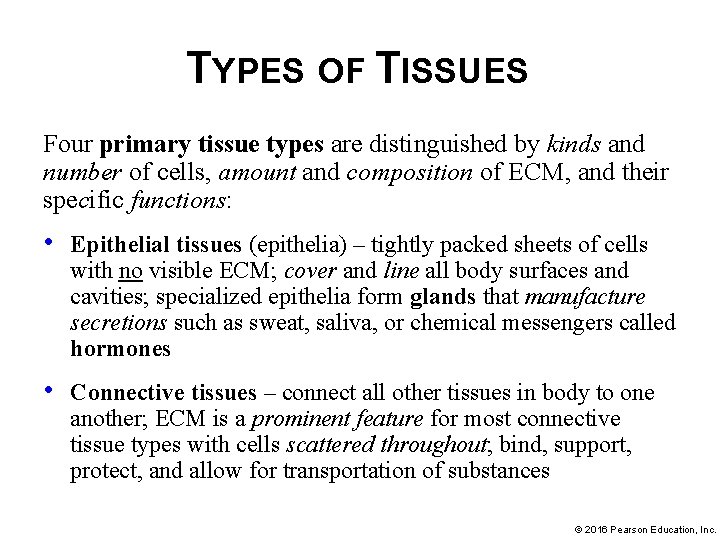 TYPES OF TISSUES Four primary tissue types are distinguished by kinds and number of
