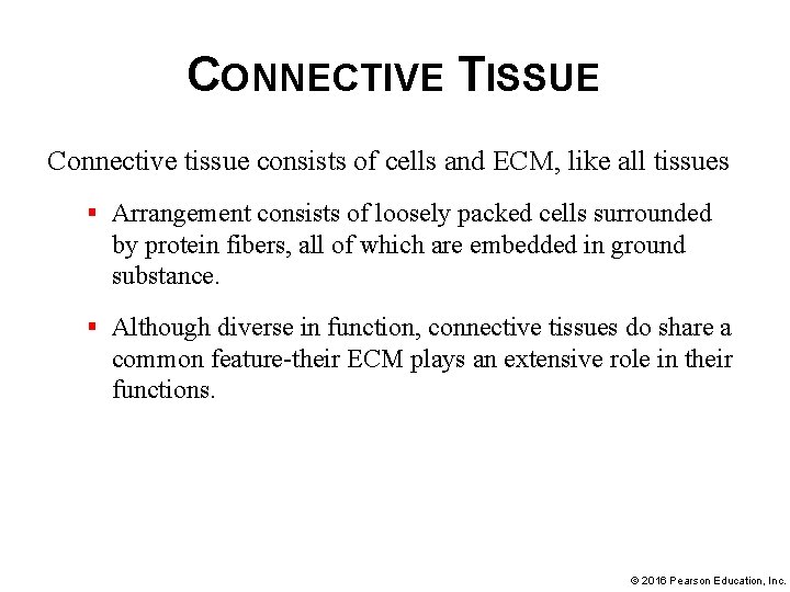 CONNECTIVE TISSUE Connective tissue consists of cells and ECM, like all tissues § Arrangement