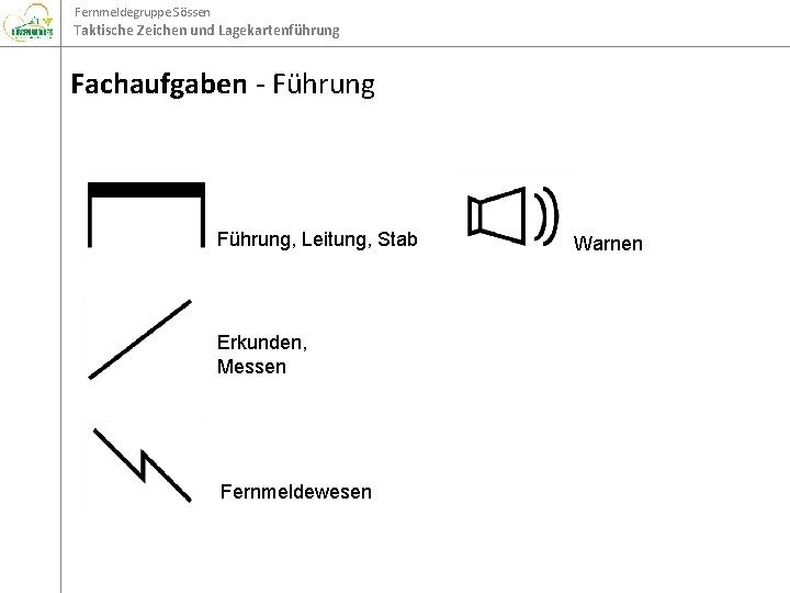 Fernmeldegruppe Sössen Taktische Zeichen und Lagekartenführung Fachaufgaben - Führung, Leitung, Stab Erkunden, Messen Fernmeldewesen Fernmeldegruppe Sössen Taktische Zeichen und Lagekartenführung Fachaufgaben - Führung, Leitung, Stab Erkunden, Messen Fernmeldewesen