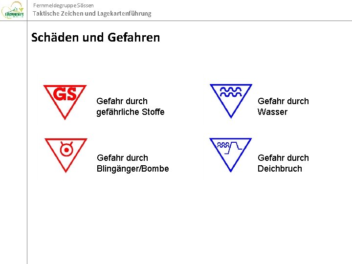 Fernmeldegruppe Sössen Taktische Zeichen und Lagekartenführung Schäden und Gefahren Gefahr durch gefährliche Stoffe Gefahr