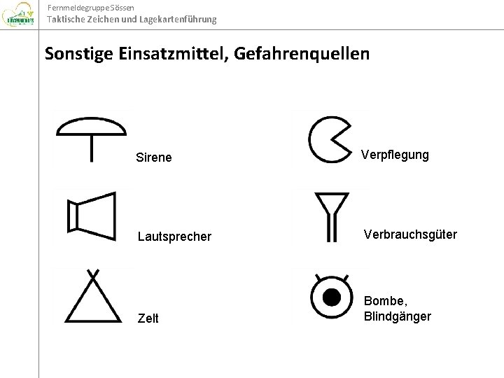 Fernmeldegruppe Sössen Taktische Zeichen und Lagekartenführung Sonstige Einsatzmittel, Gefahrenquellen Sirene Verpflegung Lautsprecher Verbrauchsgüter Zelt