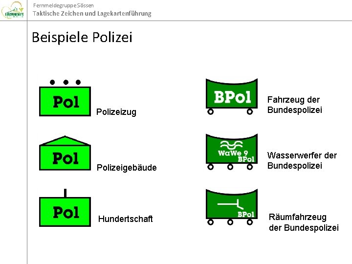 Fernmeldegruppe Sössen Taktische Zeichen und Lagekartenführung Beispiele Polizeizug Fahrzeug der Bundespolizei Polizeigebäude Wasserwerfer der