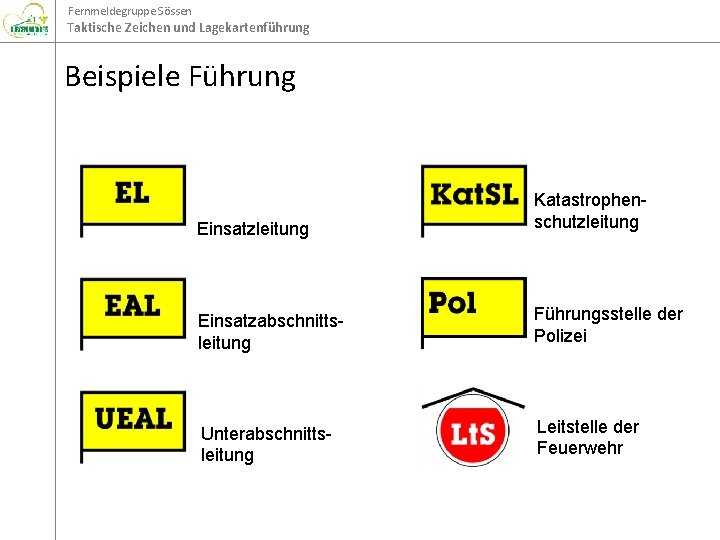 Fernmeldegruppe Sössen Taktische Zeichen und Lagekartenführung Beispiele Führung Einsatzleitung Katastrophenschutzleitung Einsatzabschnittsleitung Führungsstelle der Polizei