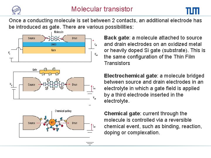 Molecular transistor Once a conducting molecule is set between 2 contacts, an additional electrode