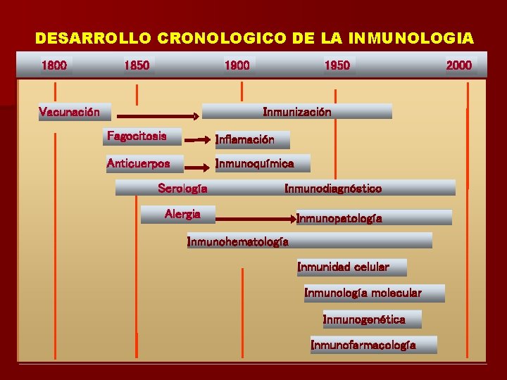 DESARROLLO CRONOLOGICO DE LA INMUNOLOGIA 1800 1850 1900 1950 Inmunización Vacunación Fagocitosis Inflamación Anticuerpos