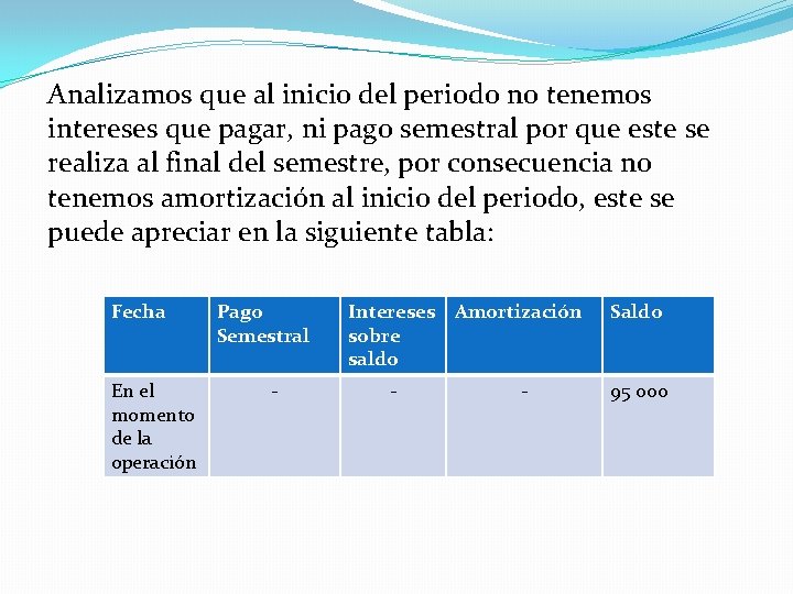 Analizamos que al inicio del periodo no tenemos intereses que pagar, ni pago semestral