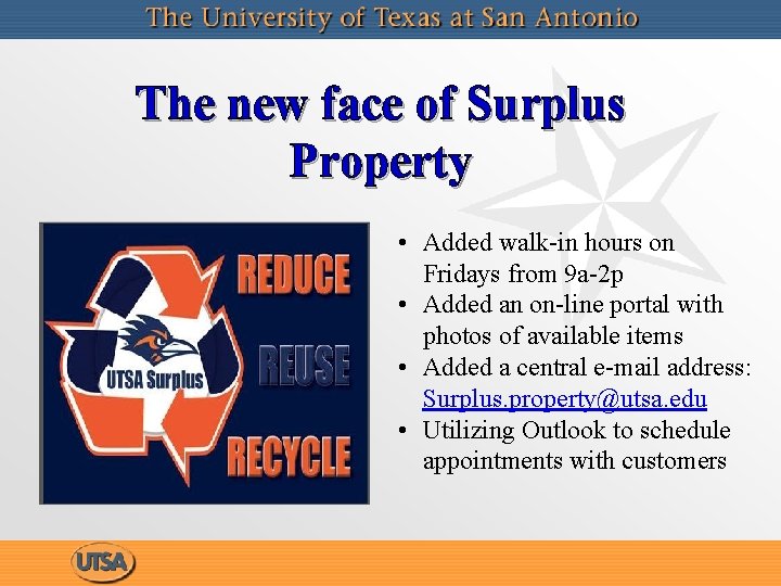 The new face of Surplus Property • Added walk-in hours on Fridays from 9 The new face of Surplus Property • Added walk-in hours on Fridays from 9