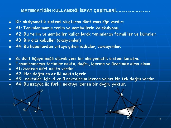 MATEMATİĞİN KULLANDIĞI İSPAT ÇEŞİTLERİ………… Bir aksiyomatik sistemi oluşturan dört esas öğe vardır: A 1: