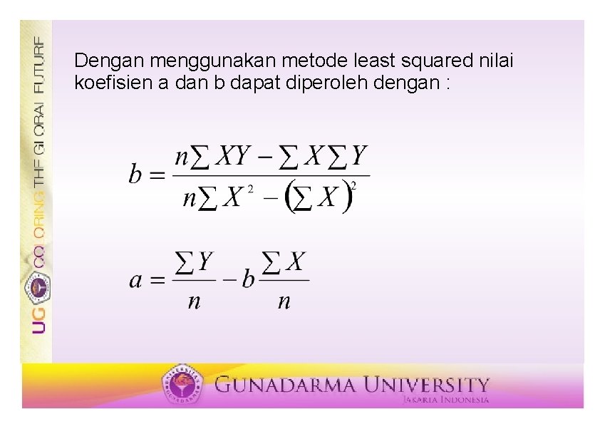 Dengan menggunakan metode least squared nilai koefisien a dan b dapat diperoleh dengan : Dengan menggunakan metode least squared nilai koefisien a dan b dapat diperoleh dengan :