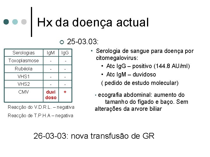 Hx da doença actual 25 -03. 03: ¢ Serologias Ig. M Ig. G Toxoplasmose