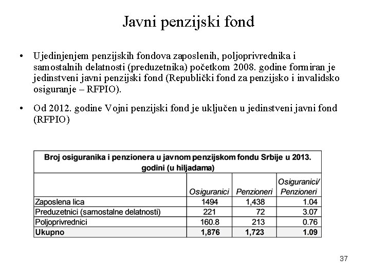 Javni penzijski fond • Ujedinjenjem penzijskih fondova zaposlenih, poljoprivrednika i samostalnih delatnosti (preduzetnika) početkom