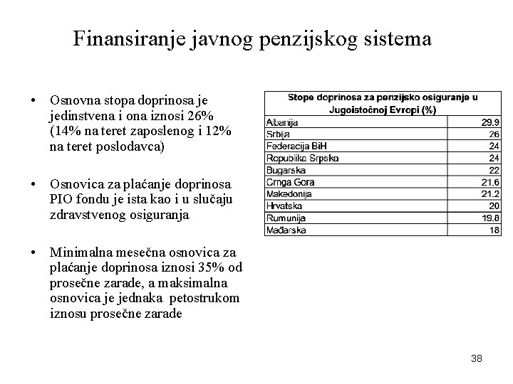 Finansiranje javnog penzijskog sistema • Osnovna stopa doprinosa je jedinstvena i ona iznosi 26%