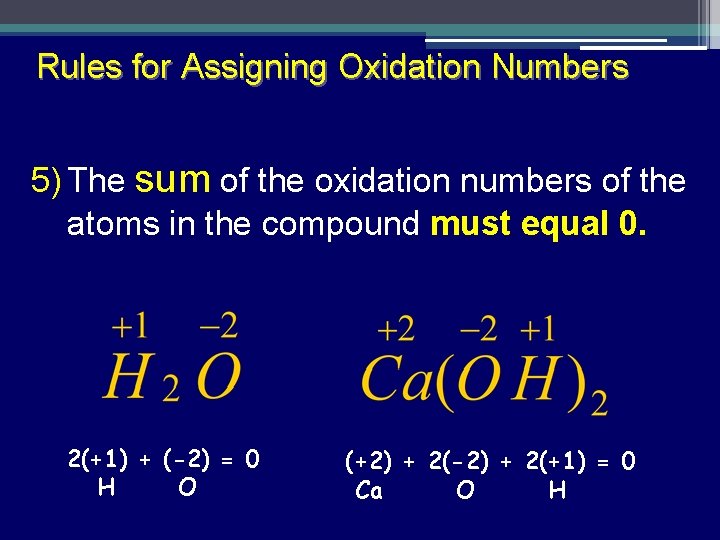 Rules for Assigning Oxidation Numbers 5) The sum of the oxidation numbers of the