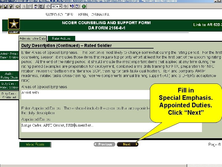 Fill in Special Emphasis. Appointed Duties. Click “Next” 