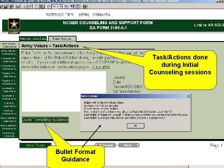 Task/Actions done during Initial Counseling sessions Bullet Format Guidance 