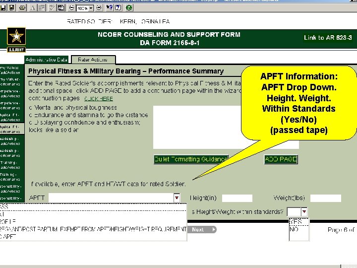 APFT Information: APFT Drop Down. Height. Within Standards (Yes/No) (passed tape) 