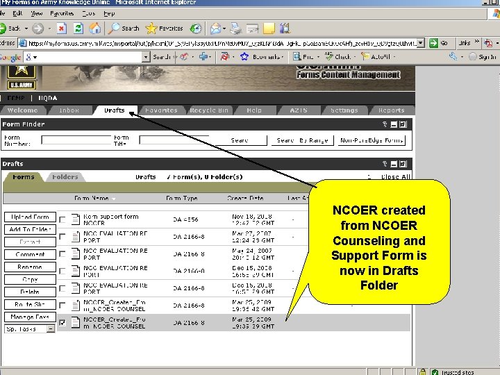 NCOER created from NCOER Counseling and Support Form is now in Drafts Folder 