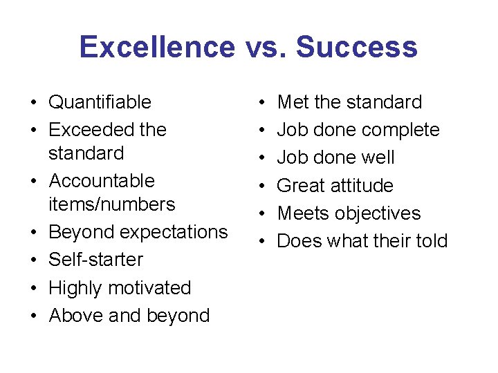 Excellence vs. Success • Quantifiable • Exceeded the standard • Accountable items/numbers • Beyond