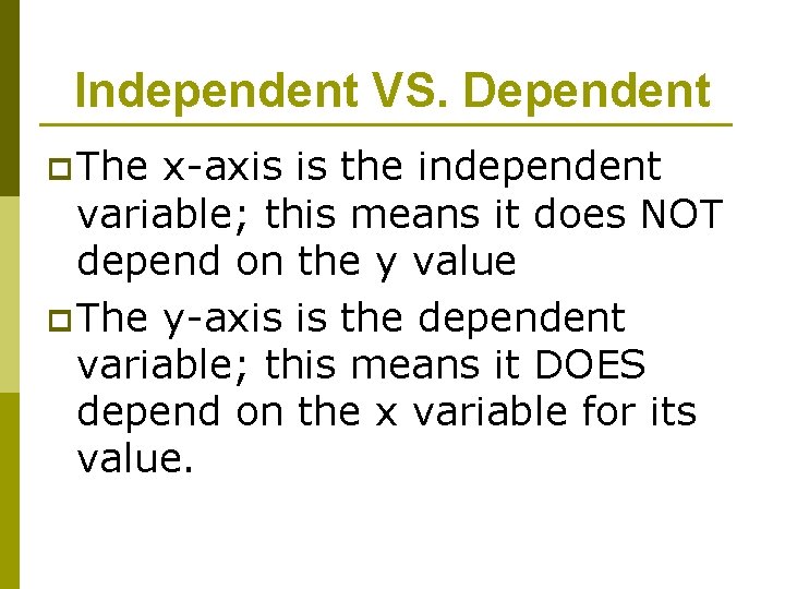 Independent VS. Dependent p The x-axis is the independent variable; this means it does