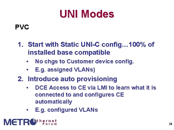 UNI Modes PVC 1. Start with Static UNI-C config… 100% of installed base compatible