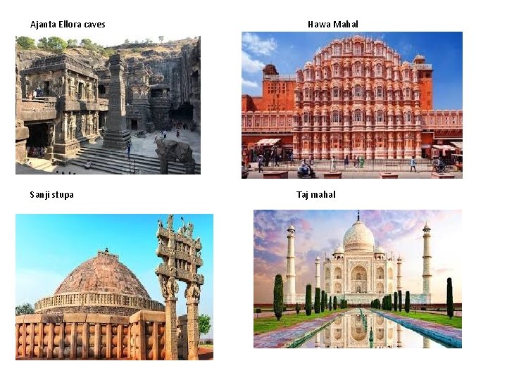 Ajanta Ellora caves Hawa Mahal Sanji stupa Taj mahal 