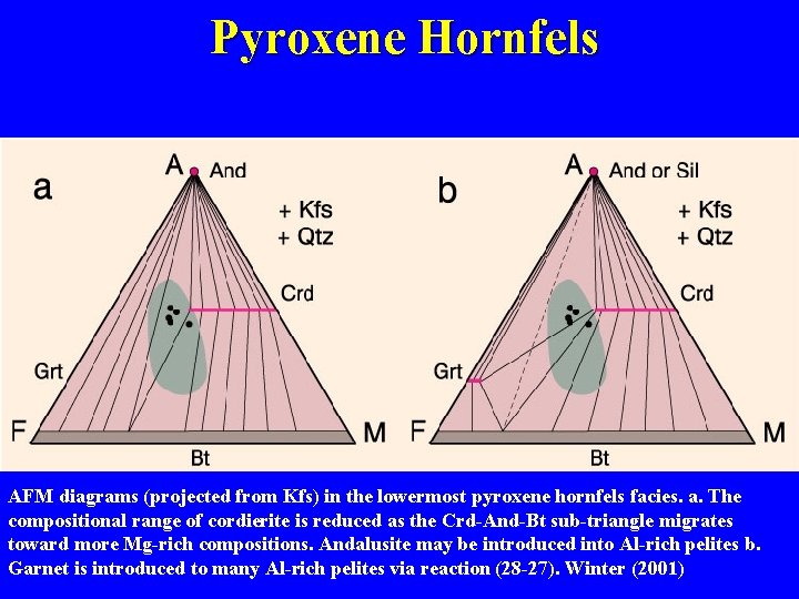 Pyroxene Hornfels AFM diagrams (projected from Kfs) in the lowermost pyroxene hornfels facies. a.