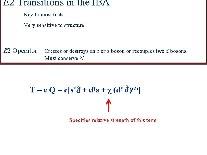 E 2 Transitions in the IBA Key to most tests Very sensitive to structure