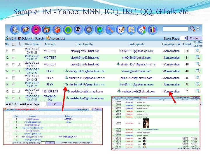 Sample: IM -Yahoo, MSN, ICQ, IRC, QQ, GTalk etc… Sample: IM -Yahoo, MSN, ICQ, IRC, QQ, GTalk etc…
