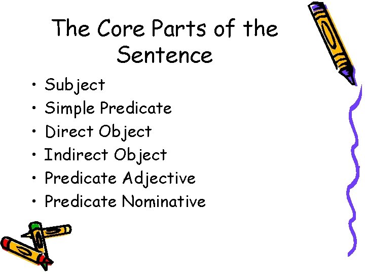 The Core Parts of the Sentence • • • Subject Simple Predicate Direct Object